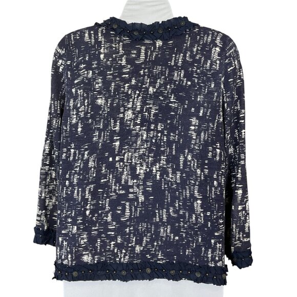 Chicos Intrigue Demi Cardigan Sweater Indigo Beaded Ruffle Trim Med - Picture 4 of 7